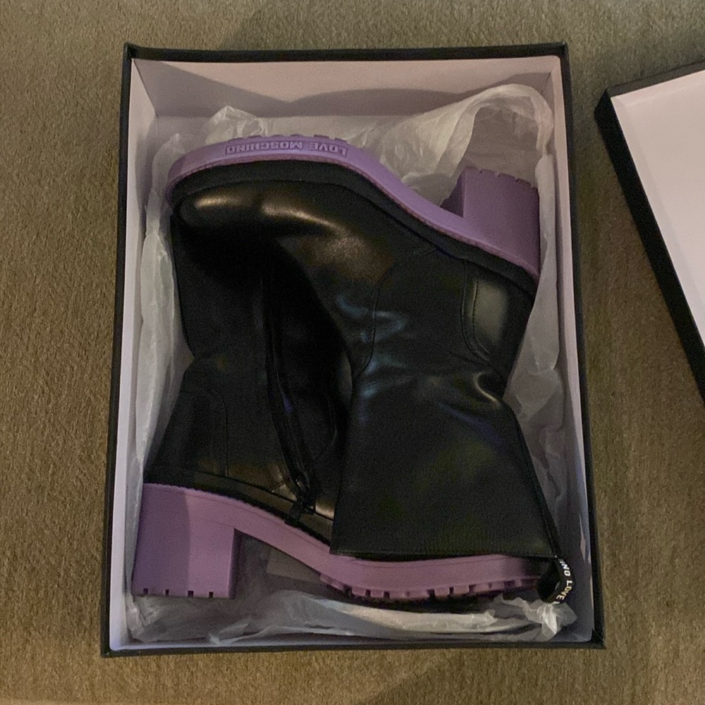 Love moschino boots black with purple soles size 10